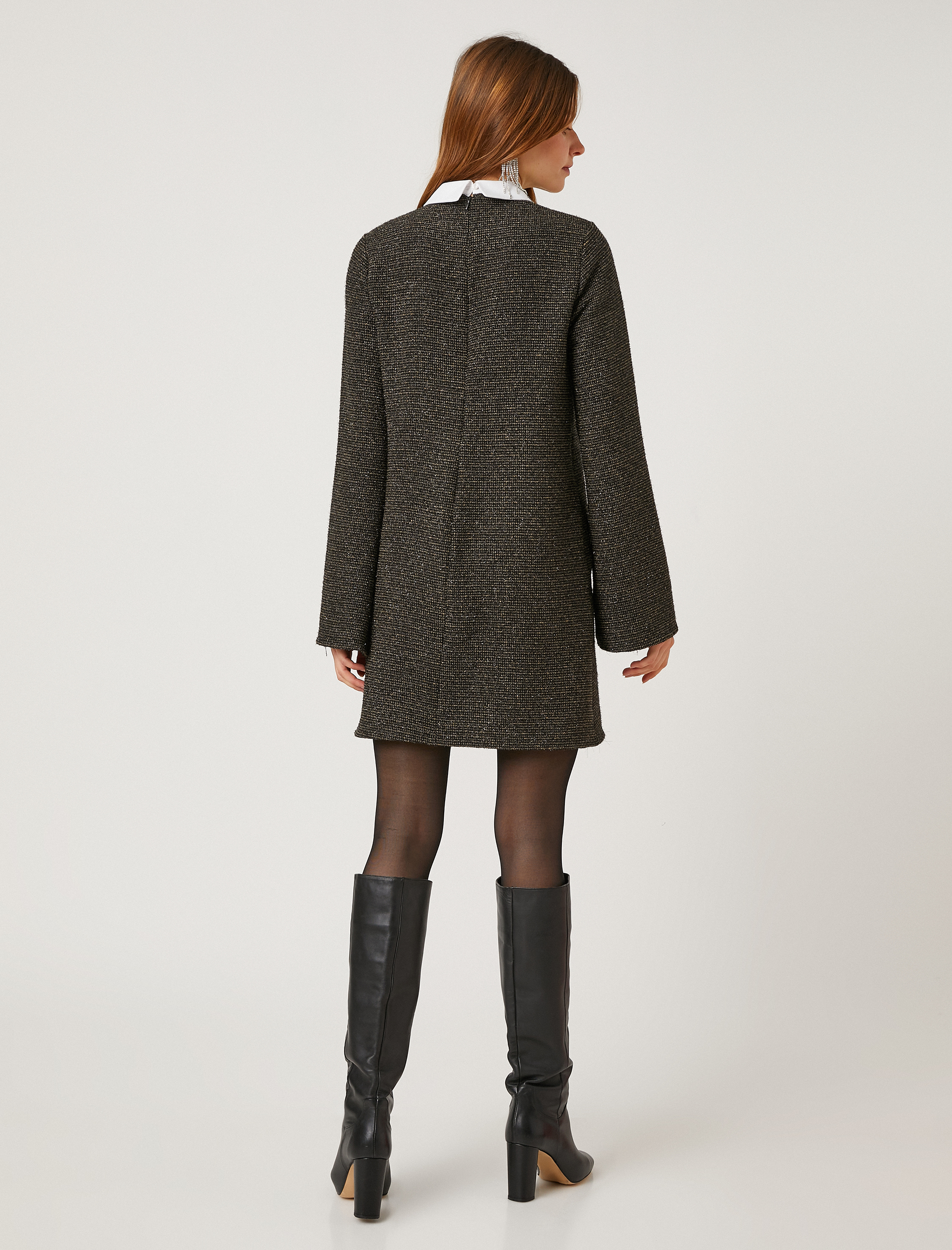   Gömlek Yaka Mini Elbise Taş Detaylı Uzun Kollu