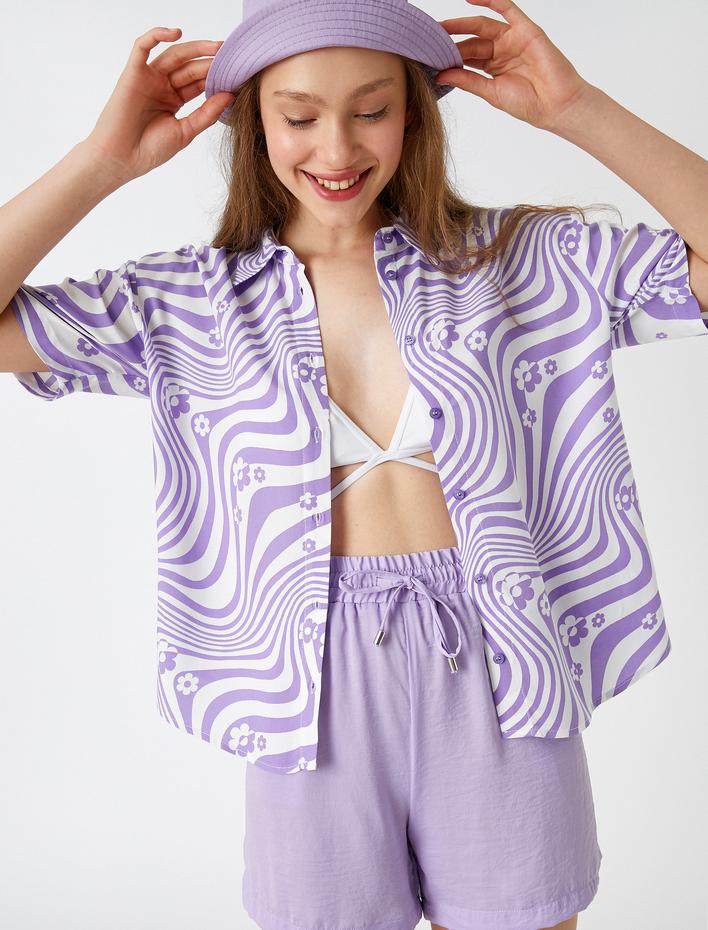  Çiçek Baskılı Kısa Kollu Gömlek