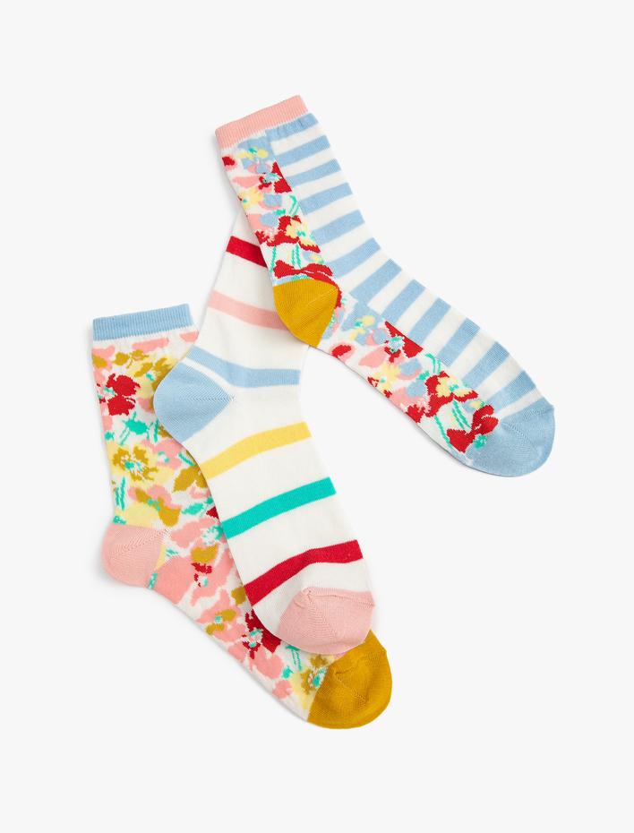 Kadın 3'lü Çiçekli Soket Çorap Seti