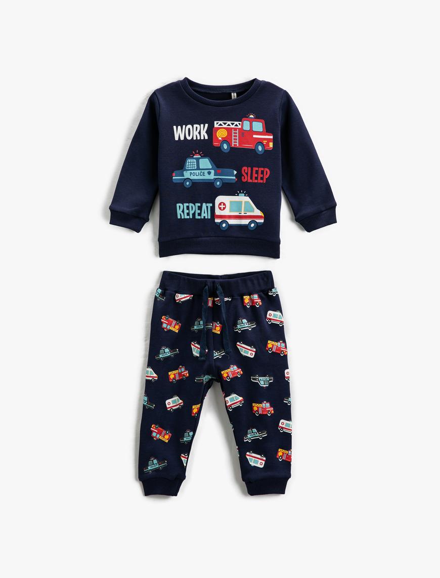  Erkek Bebek Pijama Takımı Baskılı Sweatshirt ve Beli Lastikli Eşofman Altı 2 Parça