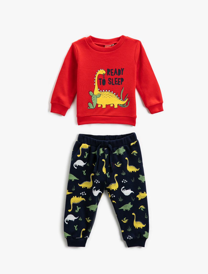  Erkek Bebek Pamuklu Pijama Takımı Baskılı Sweatshirt ve Beli Lastikli Pijama Altı 2 Parça