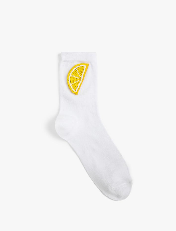 Kadın Limon Detaylı Soket Çorap Boncuk İşlemeli