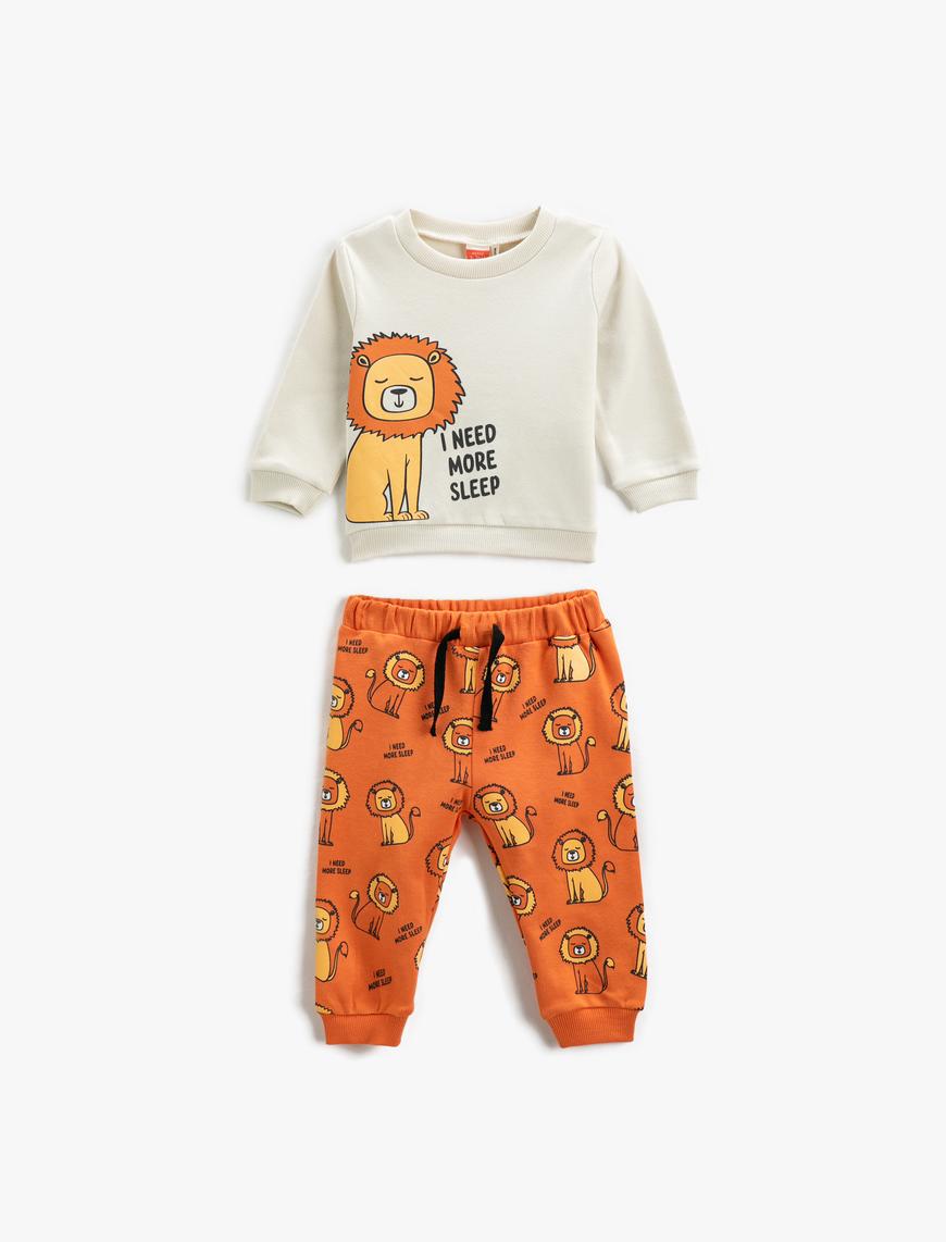  Erkek Bebek Pamuklu Pijama Takımı Aslan Baskılı Sweatshirt ve Beli Lastikli Pijama Altı 2 Parça