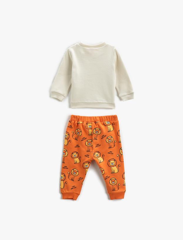  Erkek Bebek Pamuklu Pijama Takımı Aslan Baskılı Sweatshirt ve Beli Lastikli Pijama Altı 2 Parça