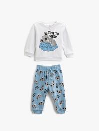Pamuklu Pijama Takımı Koala Baskılı Sweatshirt ve Beli Lastikli Pijama Altı 2 Parça
