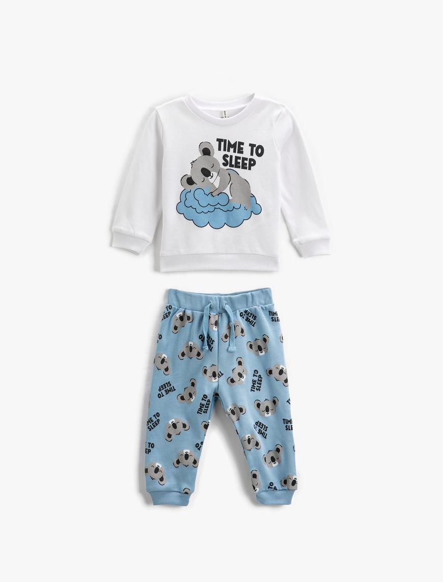  Erkek Bebek Pamuklu Pijama Takımı Koala Baskılı Sweatshirt ve Beli Lastikli Pijama Altı 2 Parça