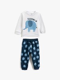Pamuklu Pijama Takımı Fil Baskılı Sweatshirt ve Beli Lastikli Pijama Altı 2 Parça