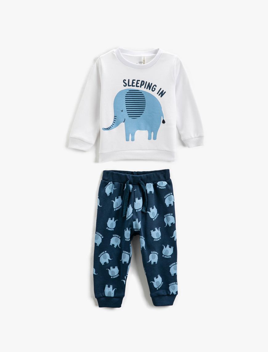  Erkek Bebek Pamuklu Pijama Takımı Fil Baskılı Sweatshirt ve Beli Lastikli Pijama Altı 2 Parça