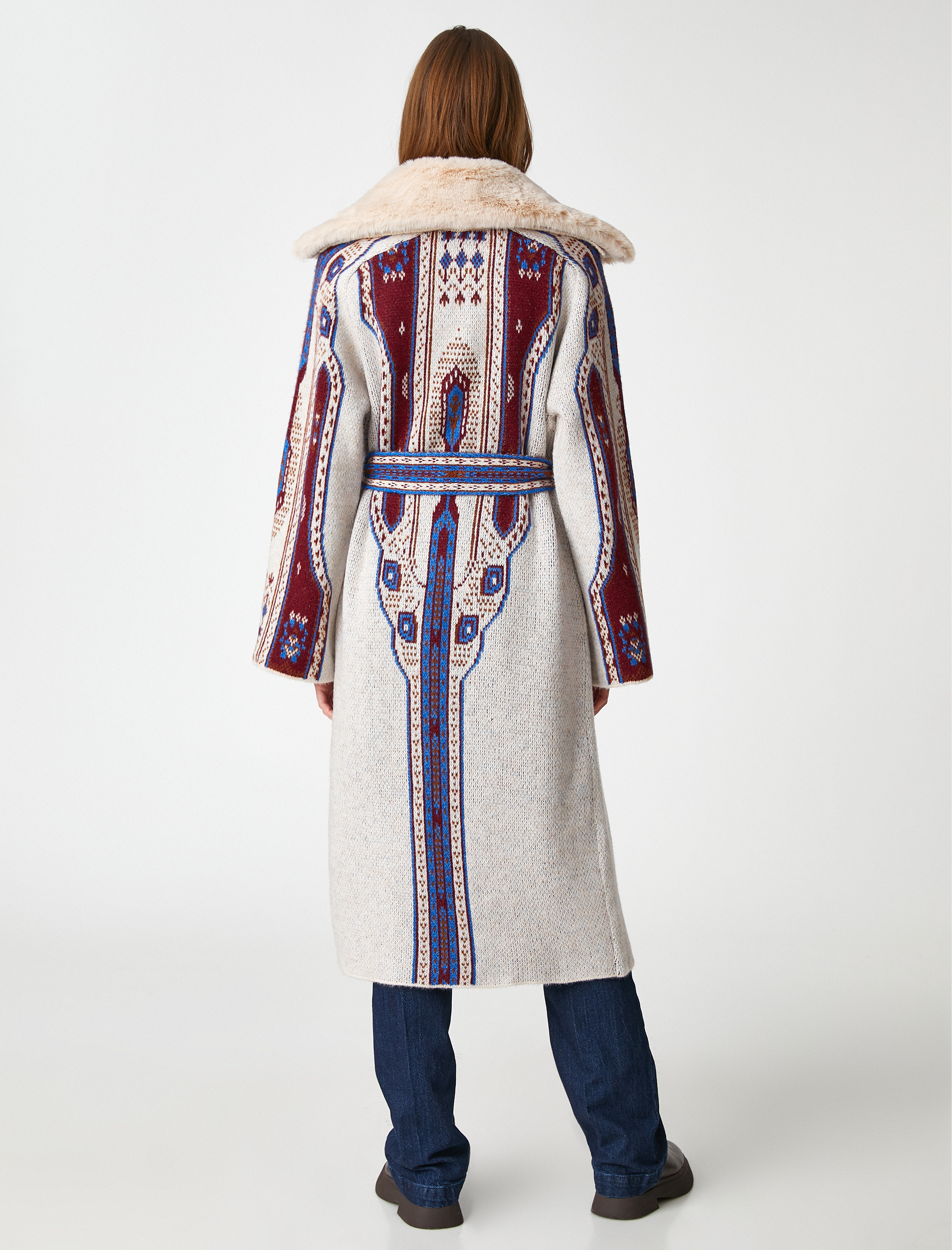   Etnik Desenli Kuşaklı Uzun Hırka