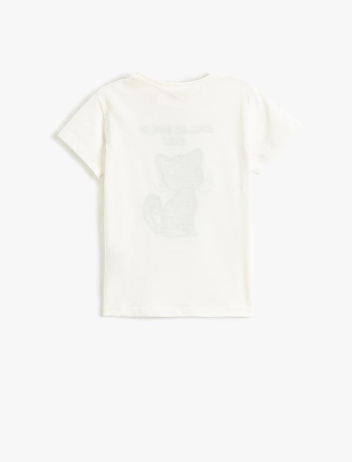 Kız Çocuk Tişört Kısa Kollu Bisiklet Yaka Kedi Pul Payet İşlemeli