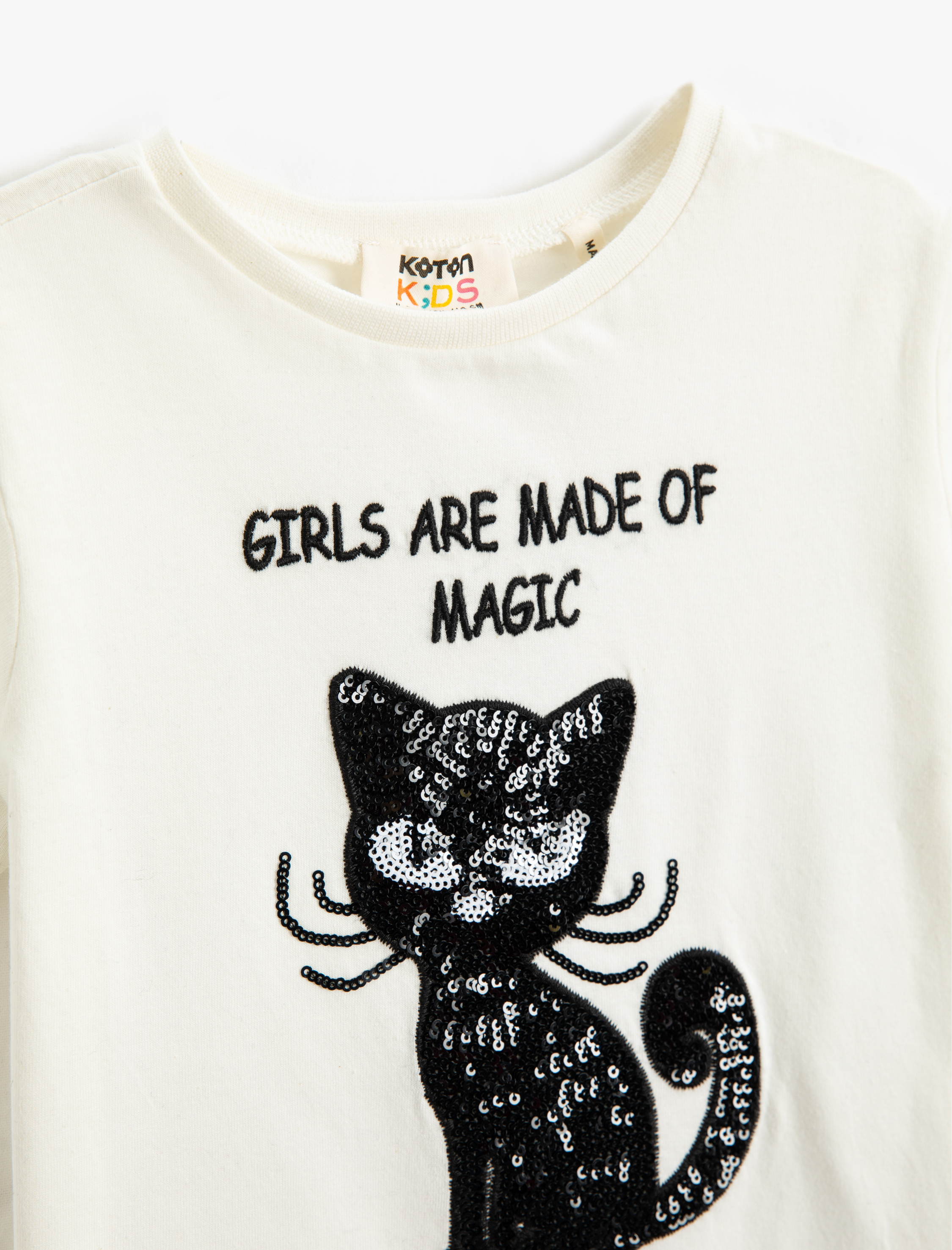  Kız Çocuk Tişört Kısa Kollu Bisiklet Yaka Kedi Pul Payet İşlemeli