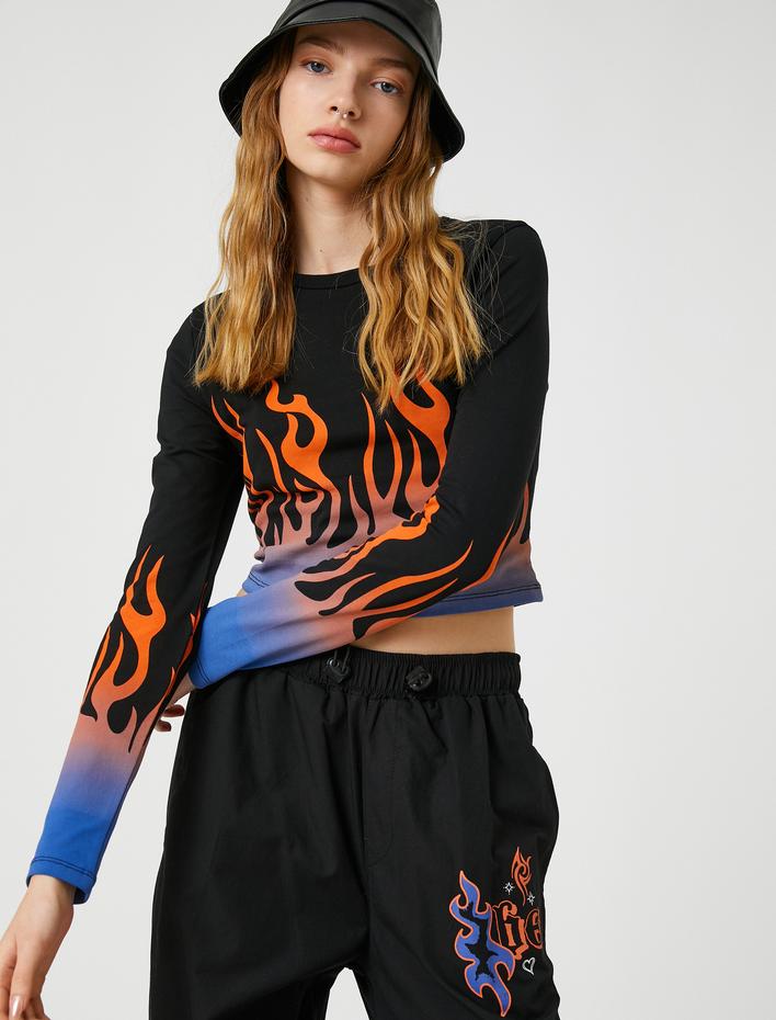  Uzun Kollu Tişört Crop Baskılı Bisiklet Yaka