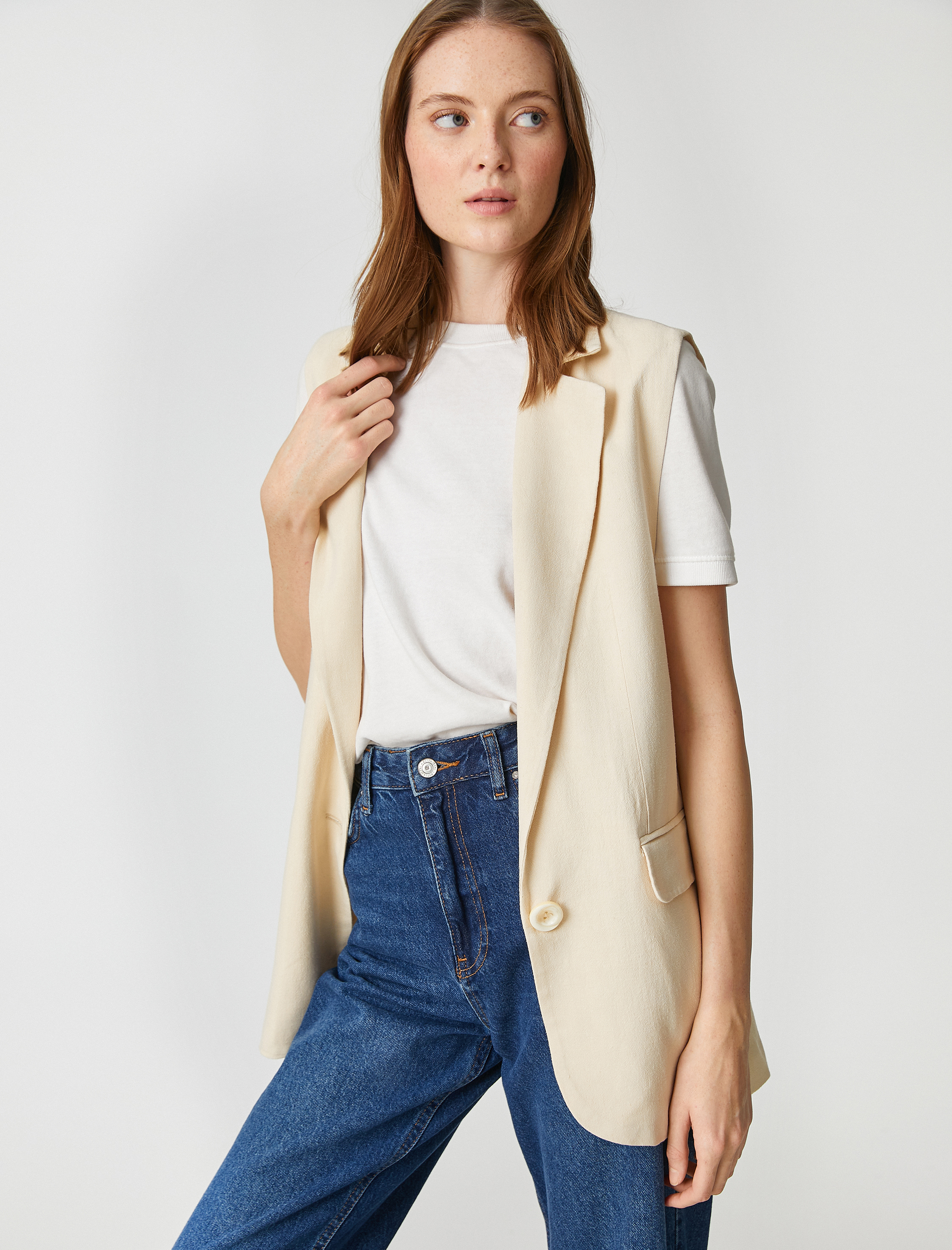   Blazer Yelek Keten Karışımlı Tek Düğmeli