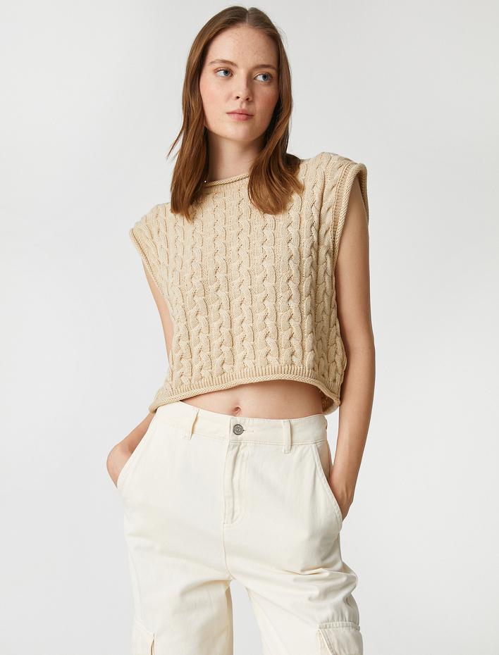  Crop Örgü Kazak Yuvarlak Yaka