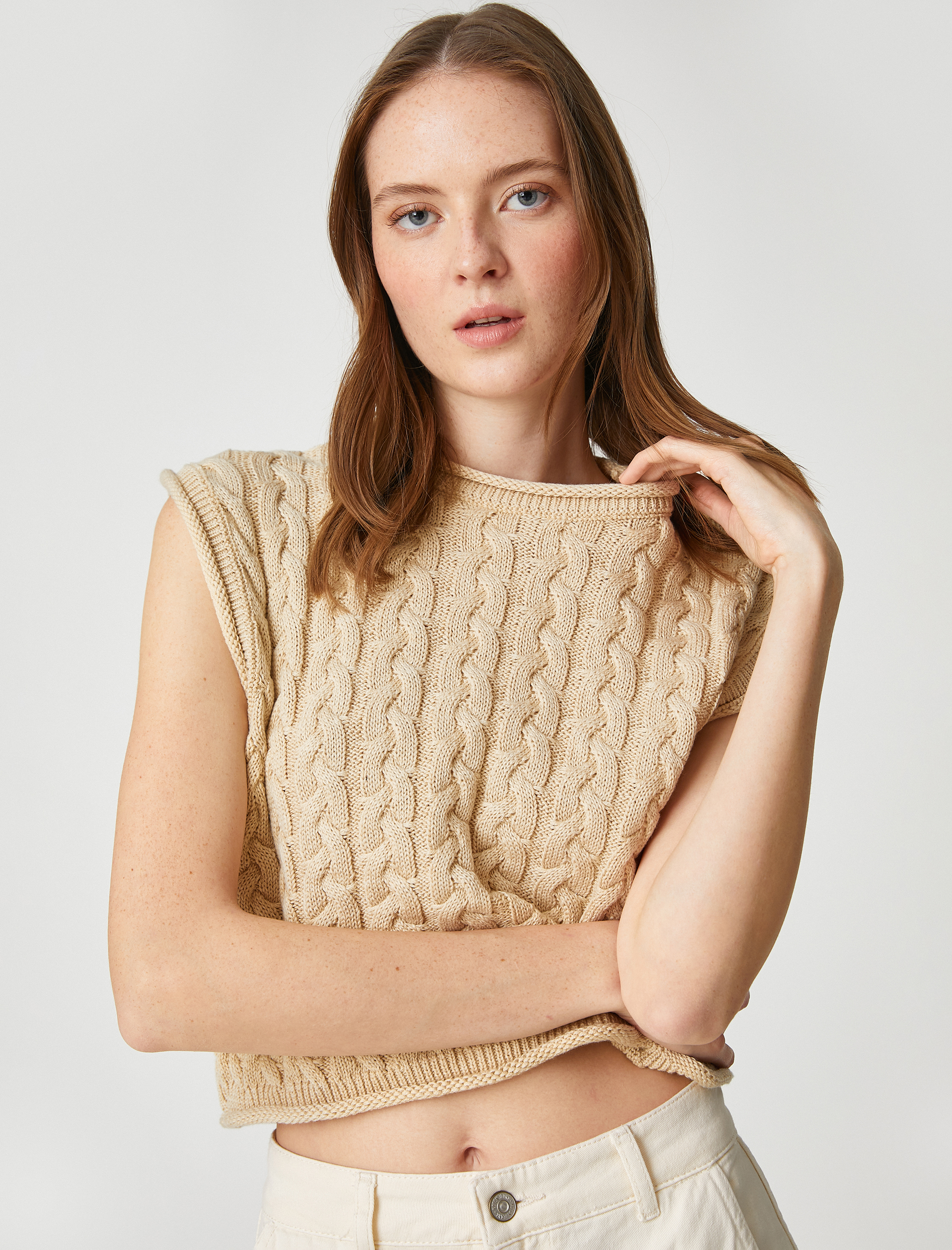   Crop Örgü Kazak Yuvarlak Yaka