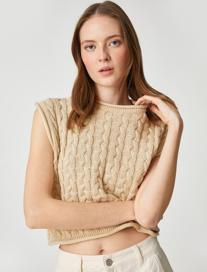  Crop Örgü Kazak Yuvarlak Yaka