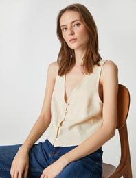 V Yaka Yelek Keten Karışımlı