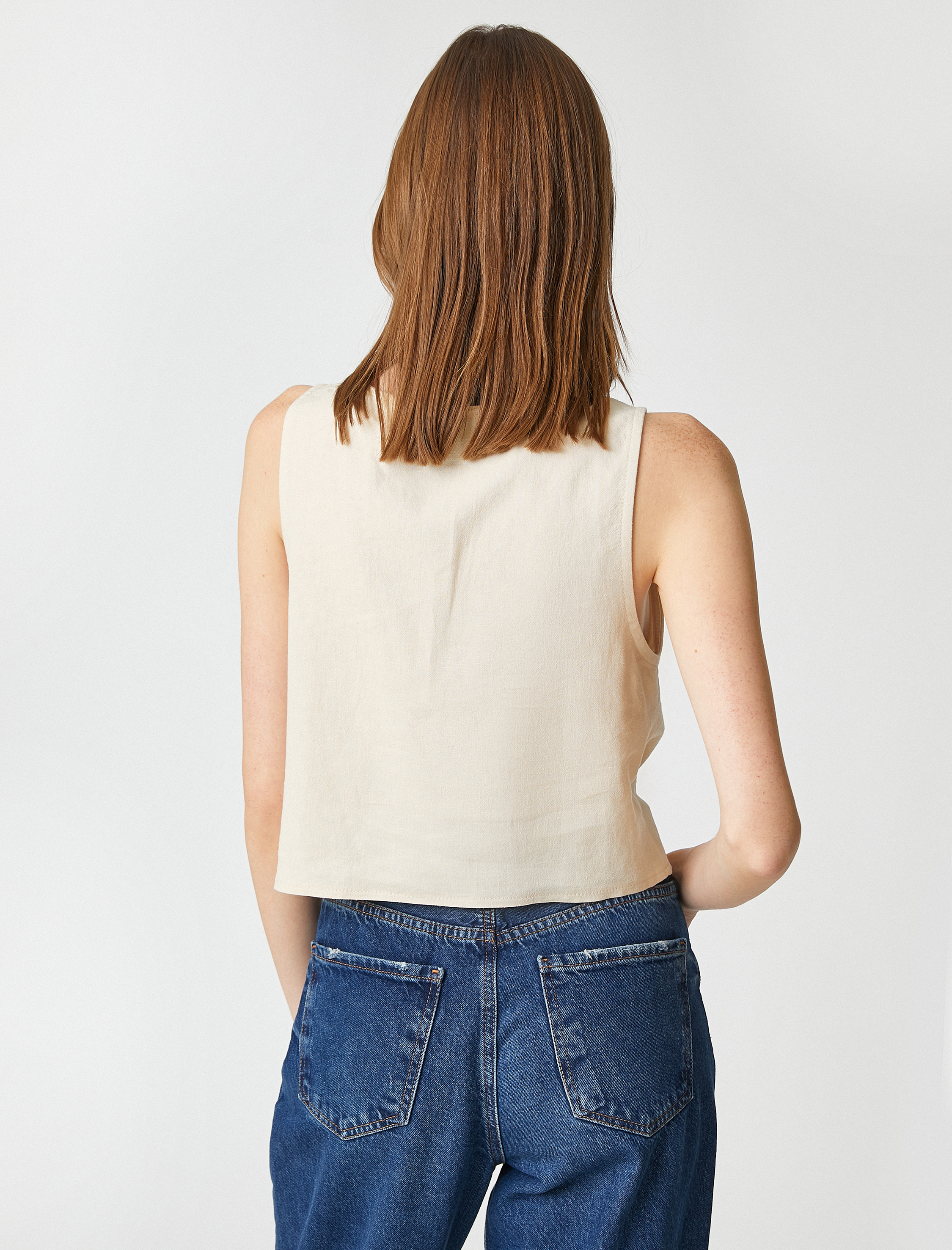   V Yaka Yelek Keten Karışımlı