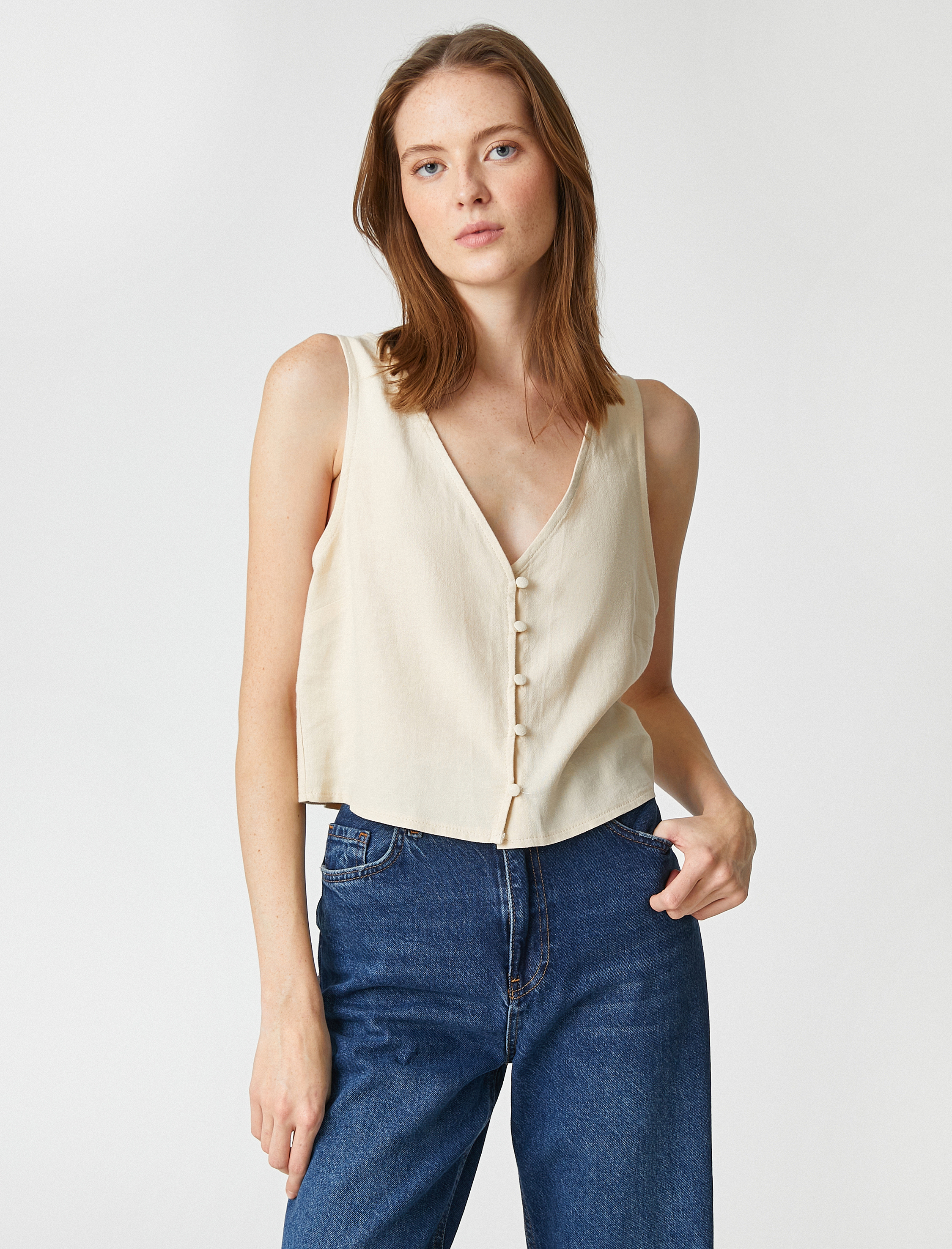   V Yaka Yelek Keten Karışımlı