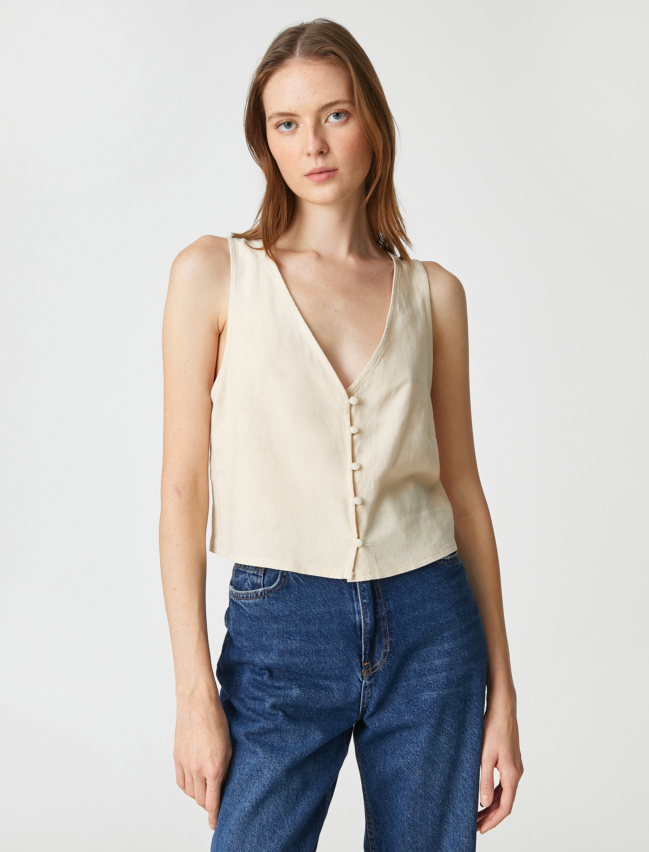   V Yaka Yelek Keten Karışımlı