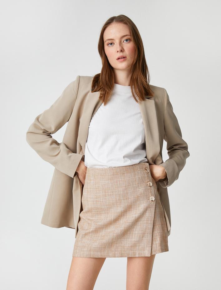  Mini Şort Etek Düğme Detaylı Keten Karışımlı