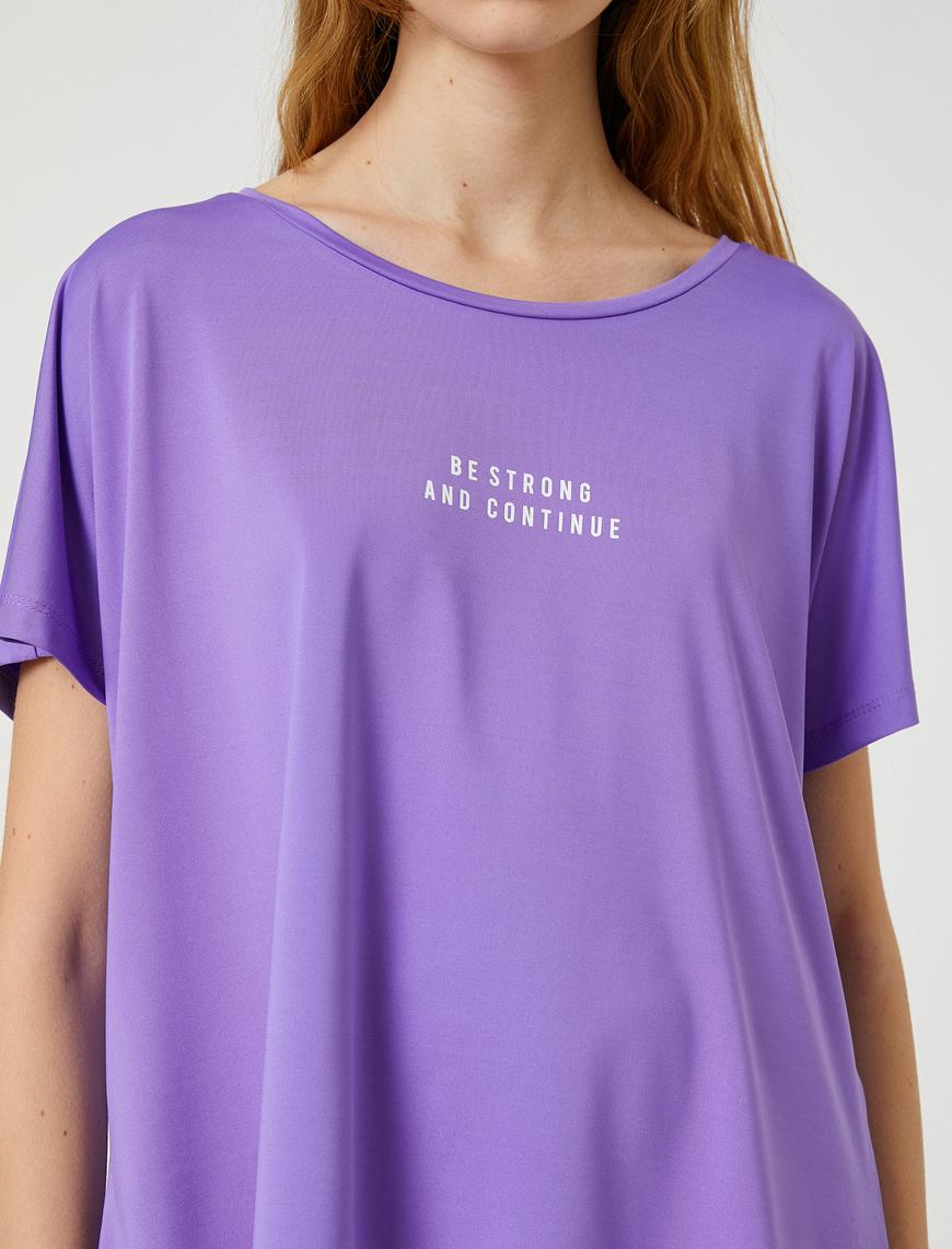   Oversize Spor Tişört Slogan Baskılı Kayık Yaka