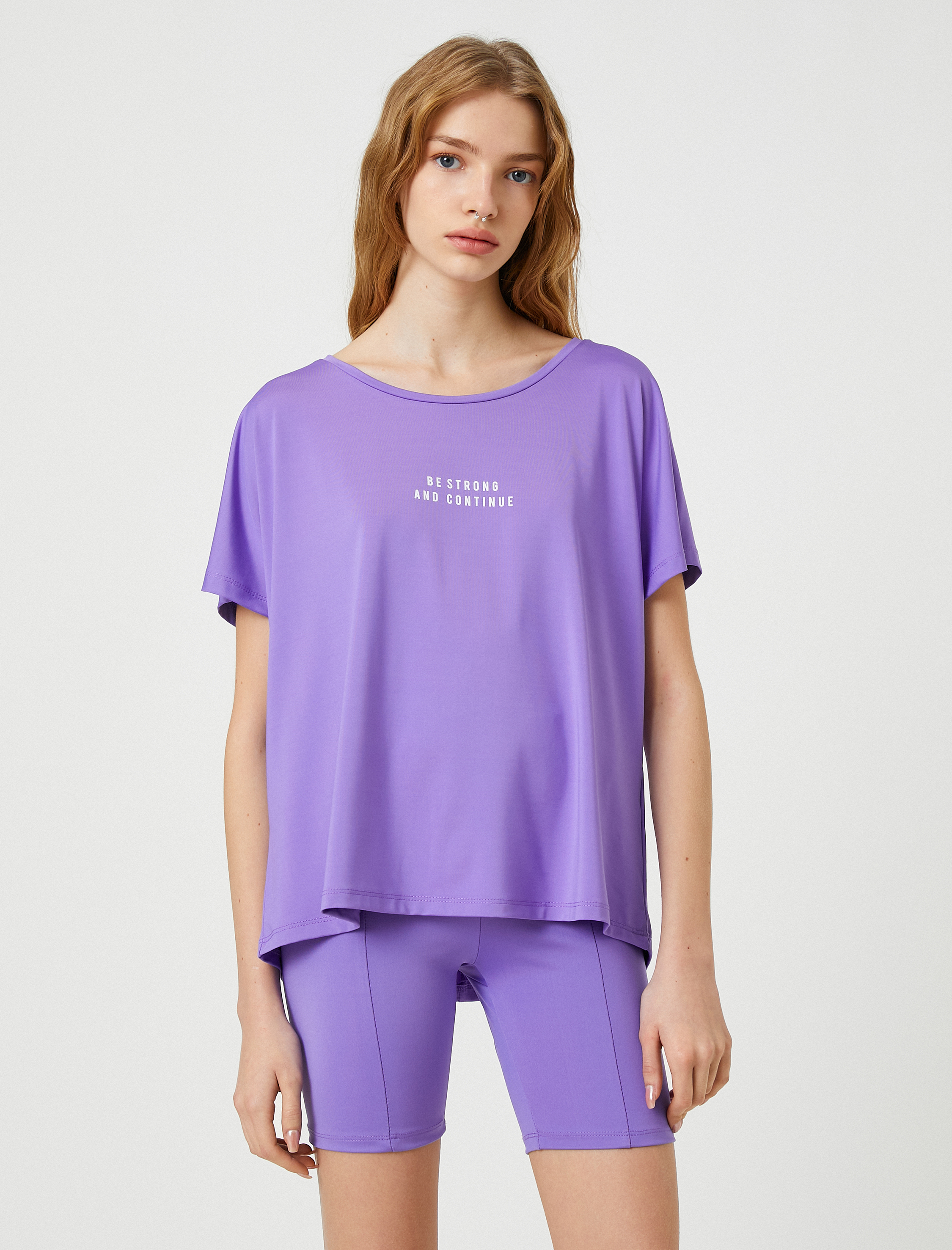   Oversize Spor Tişört Slogan Baskılı Kayık Yaka