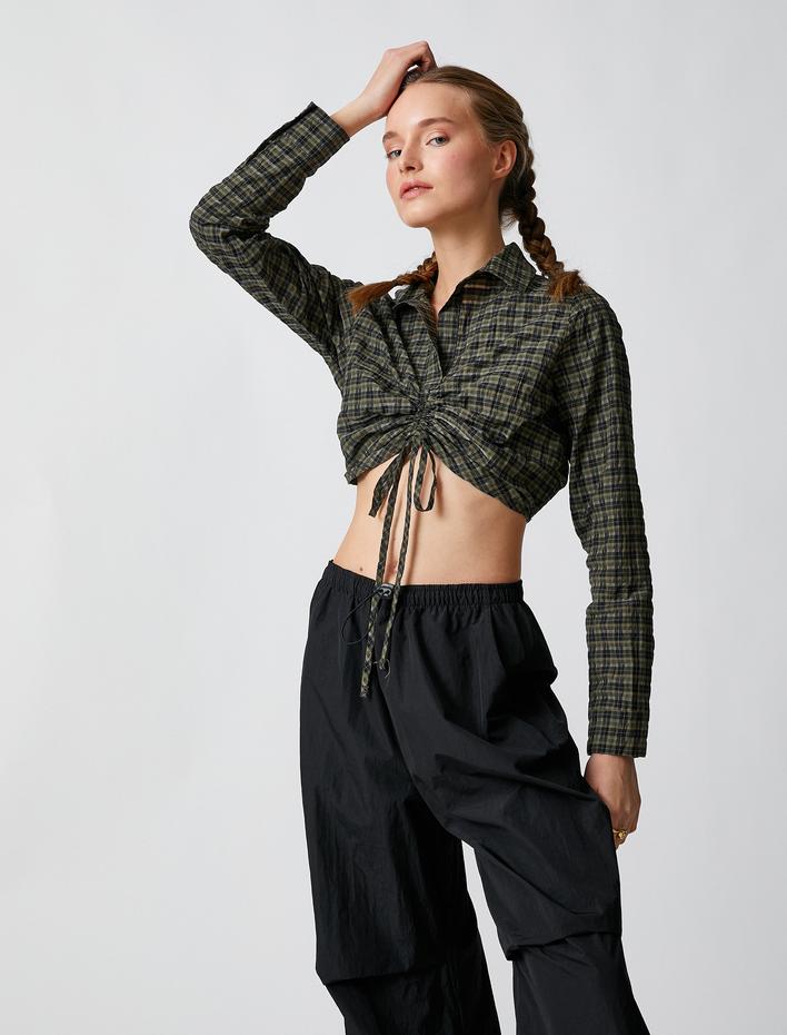  Crop Gömlek Uzun Kollu Büzgü Detaylı Klasik Yaka