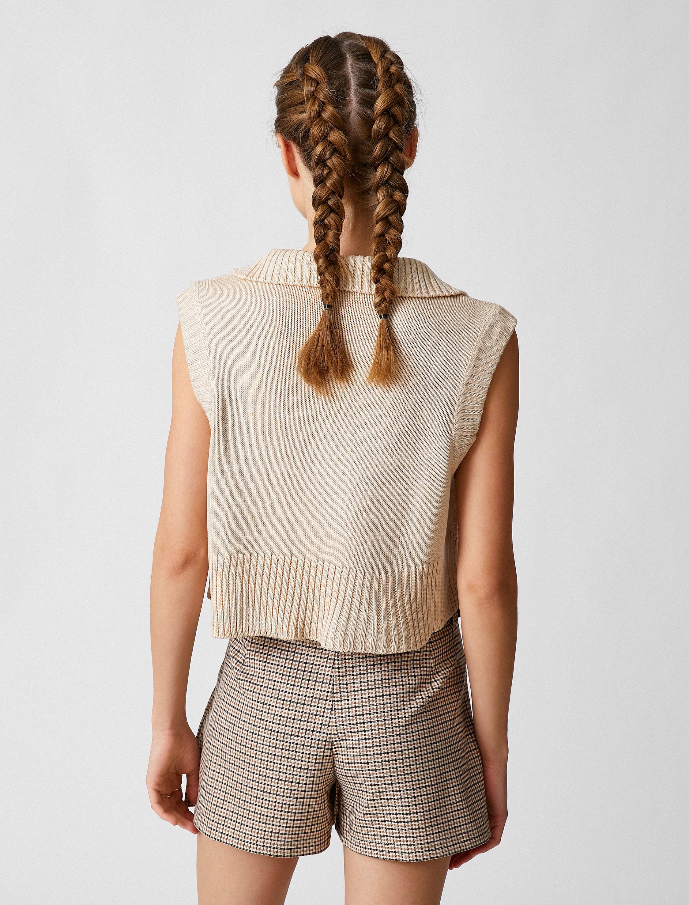   Crop Süveter Dik Yaka Yarım Fermuarlı Kolsuz Örgü