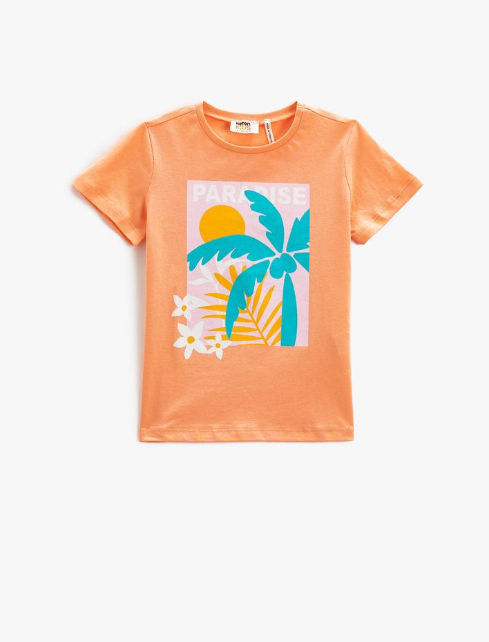 Kız Çocuk Kısa Kollu Tişört Palmiye Baskılı Bisiklet Yaka