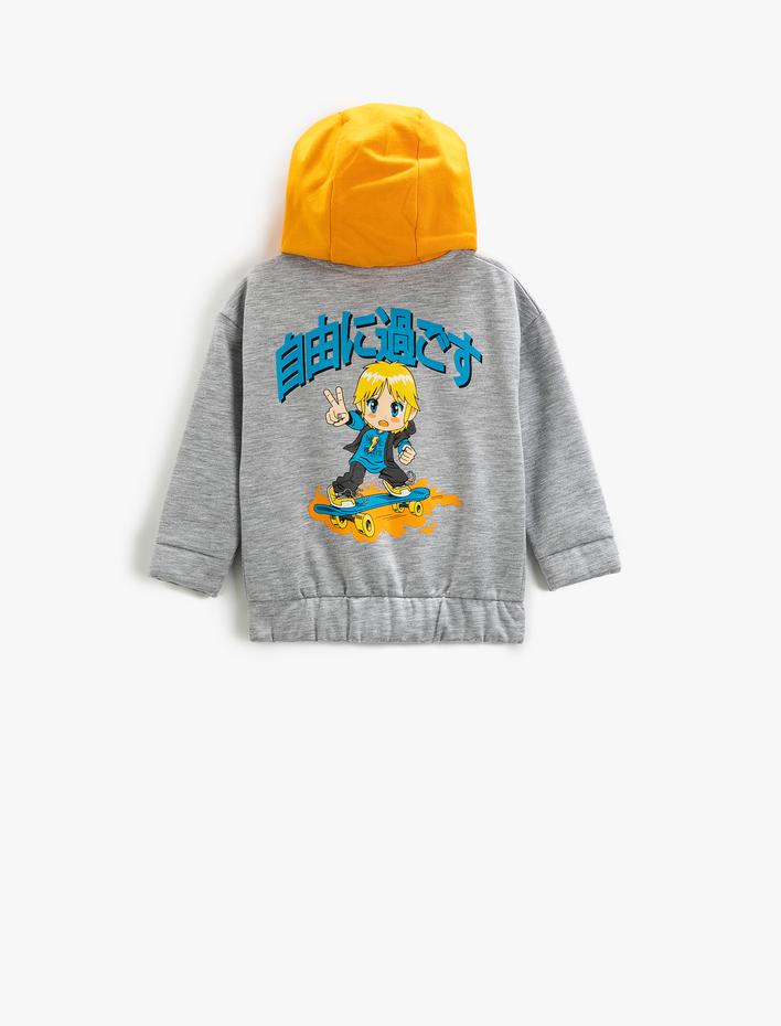 Erkek Bebek Kapşonlu Hırka Fermuarlı Arkası Anime Baskılı Cepli Uzun Kollu