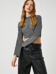 Crop Tişört Uzun Kollu Simli Arkası Fermuarlı Dik Yaka