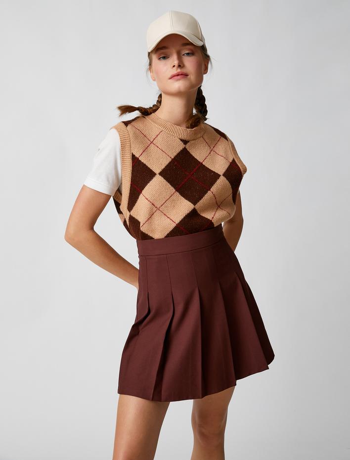  Pileli Etek Mini Yüksek Bel Fermuar Kapama