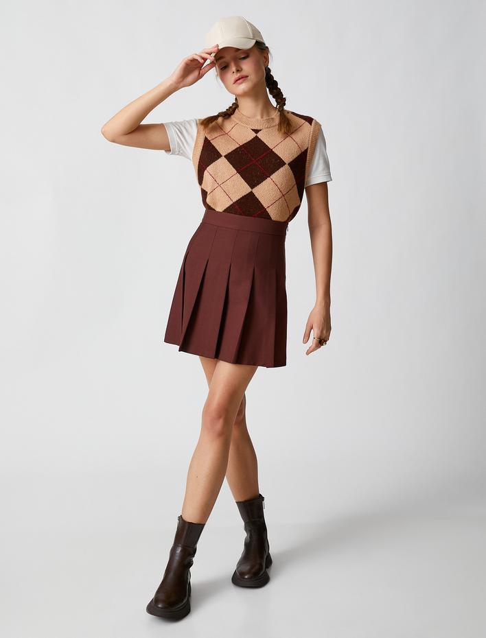  Pileli Etek Mini Yüksek Bel Fermuar Kapama