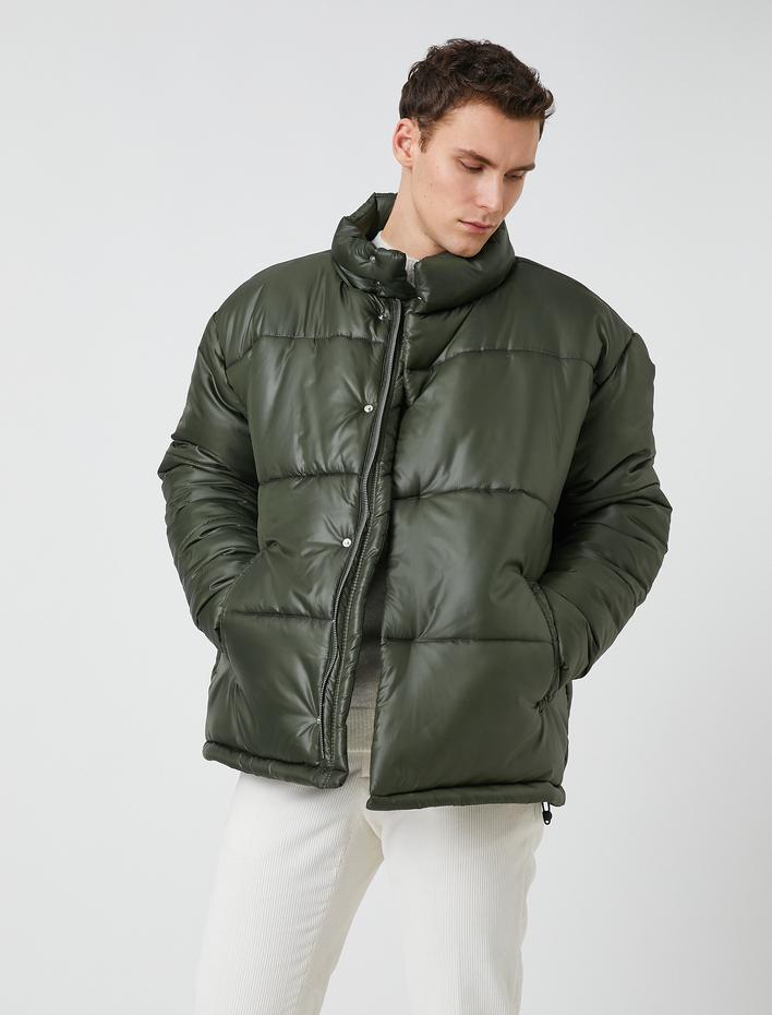  Dik Yaka Şişme Mont Fermuarlı Cep Detaylı