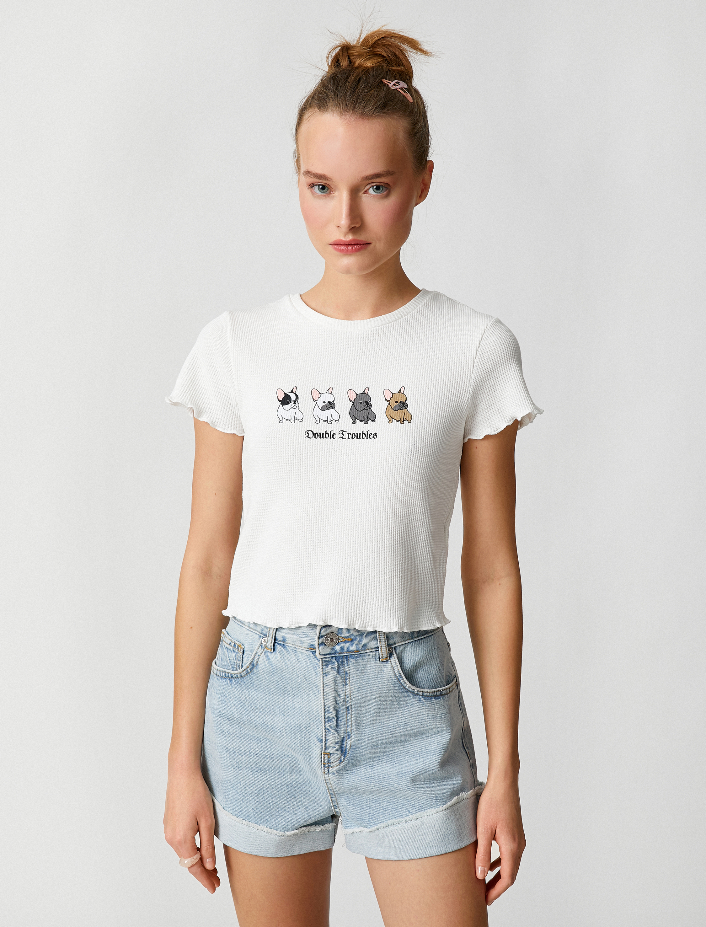   Crop Tişört Baskılı Kısa Kollu Bisiklet Yaka Fitilli