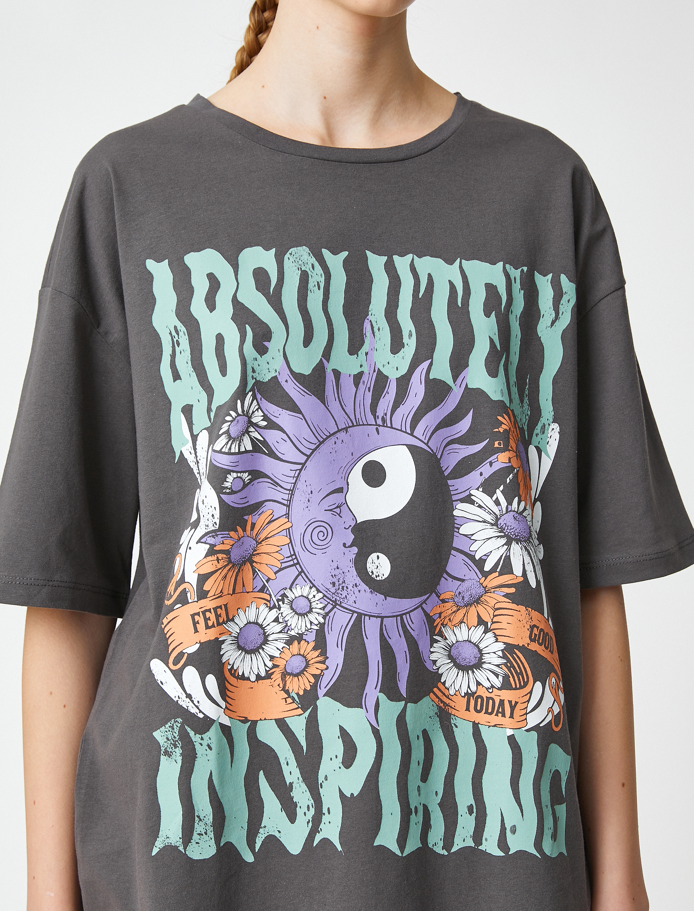   Baskılı Tişört Oversize Bisiklet Yaka Kısa Kollu