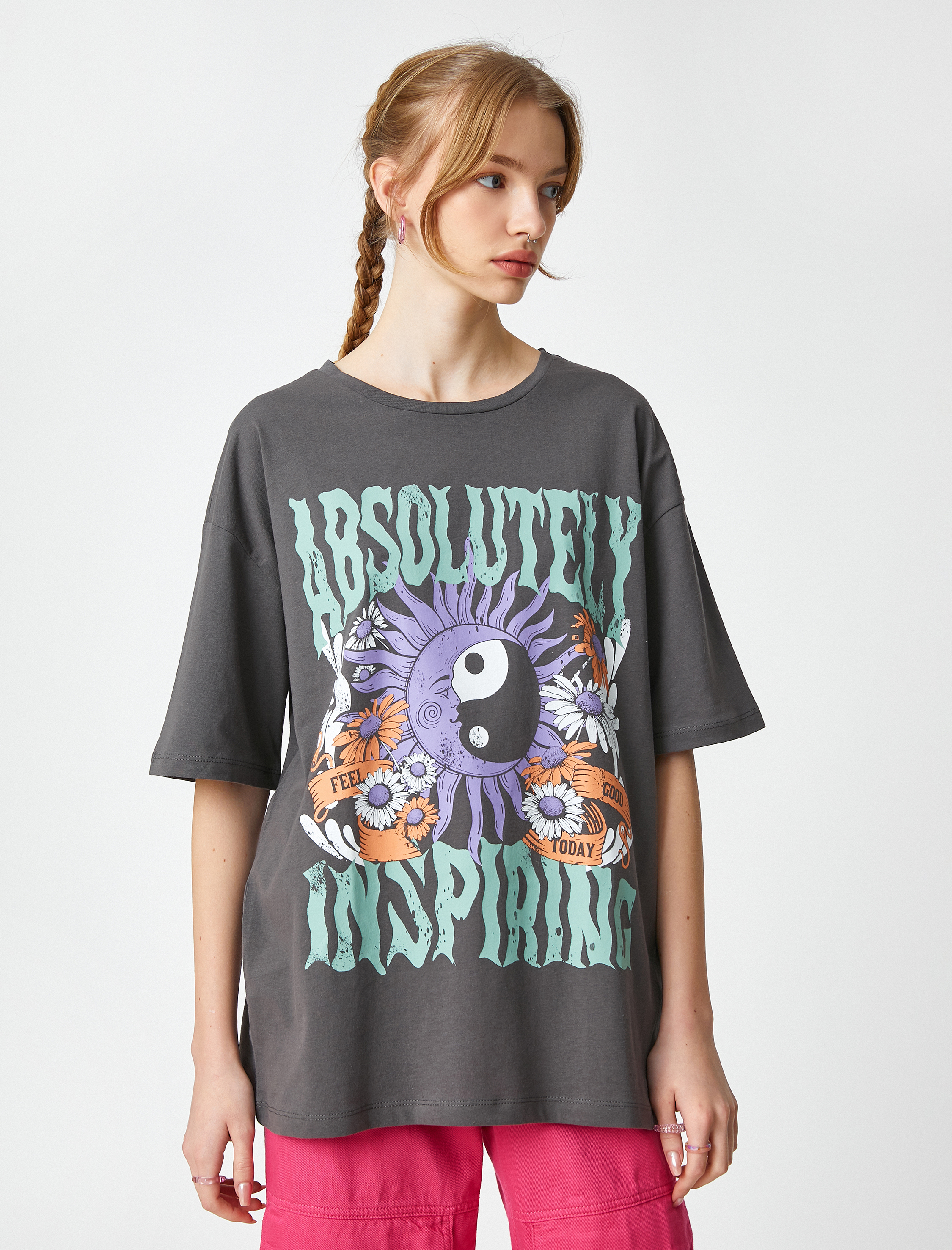   Baskılı Tişört Oversize Bisiklet Yaka Kısa Kollu