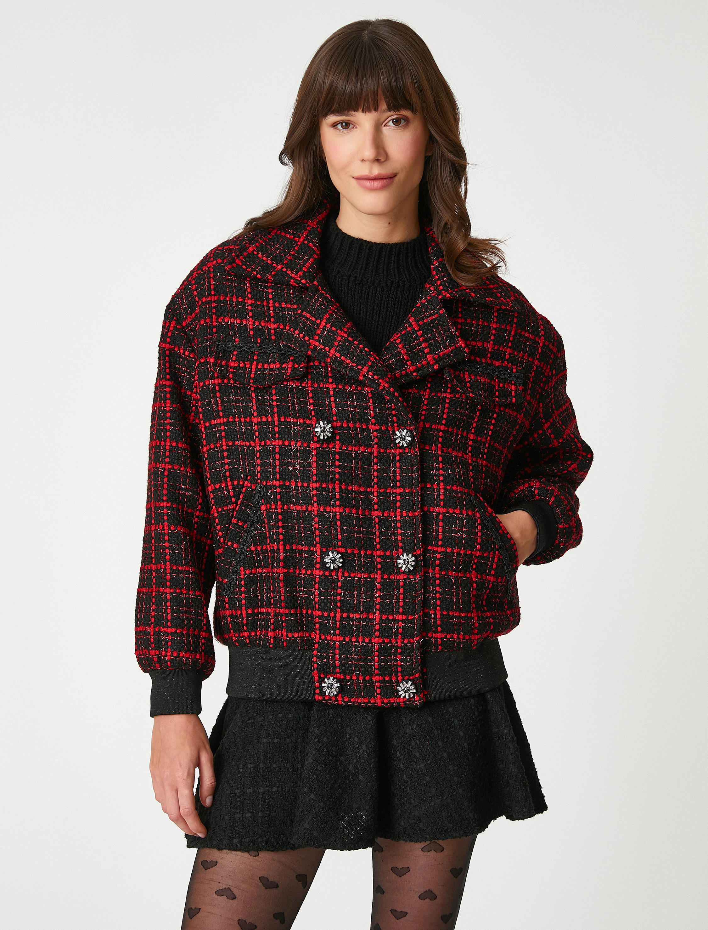   Rachel Araz X Koton - Cepli Taşlı Düğmeli Bomber Tüvit Ceket