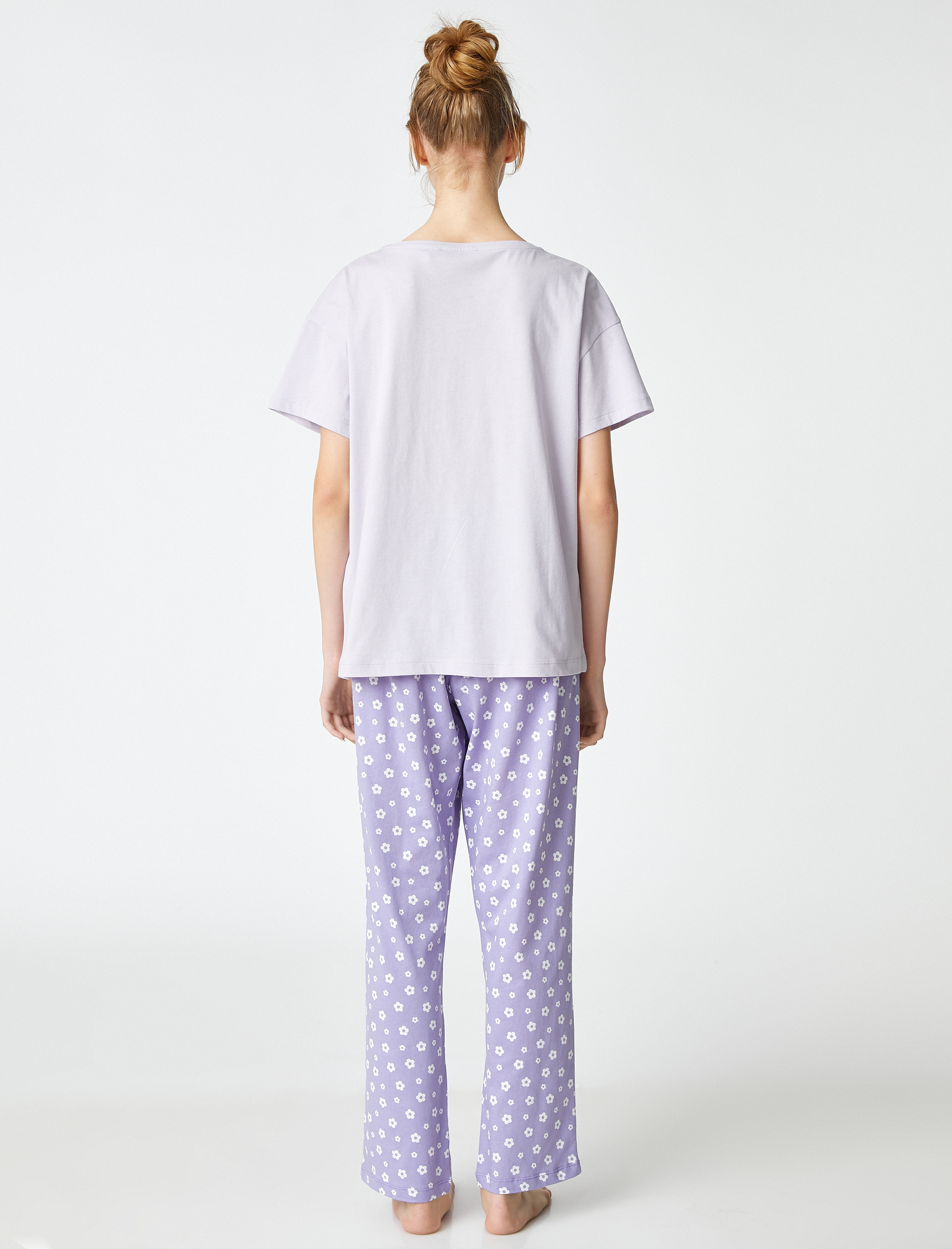   Pamuklu Pijama Takımı Kısa Kollu Baskılı Çiçekli Bisiklet Yaka