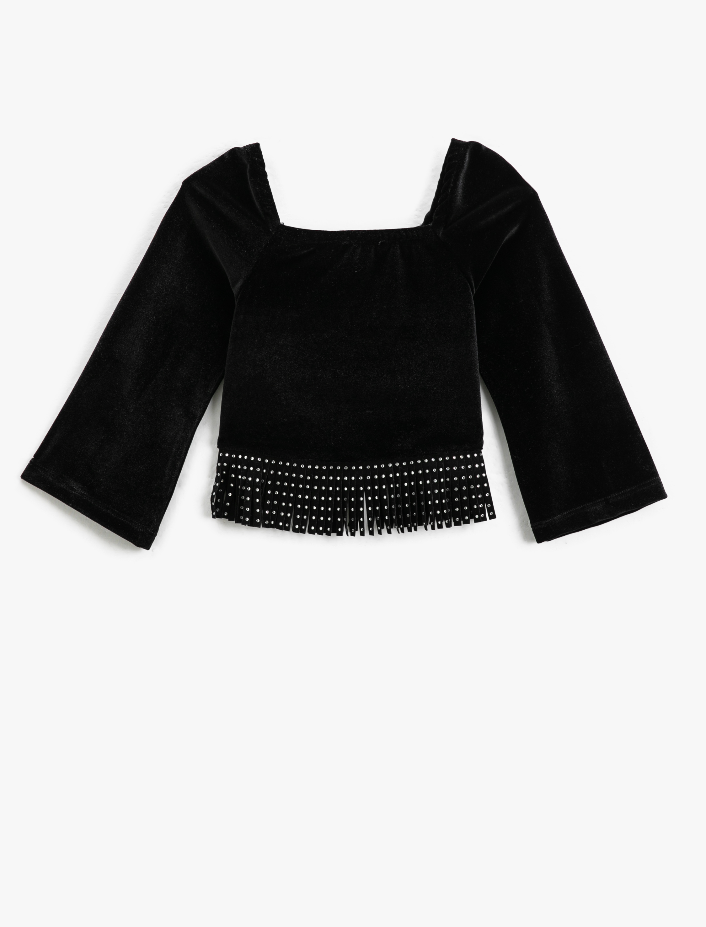  Kız Çocuk Crop Püsküllü Tişört Uzun Geniş Kollu U Yaka