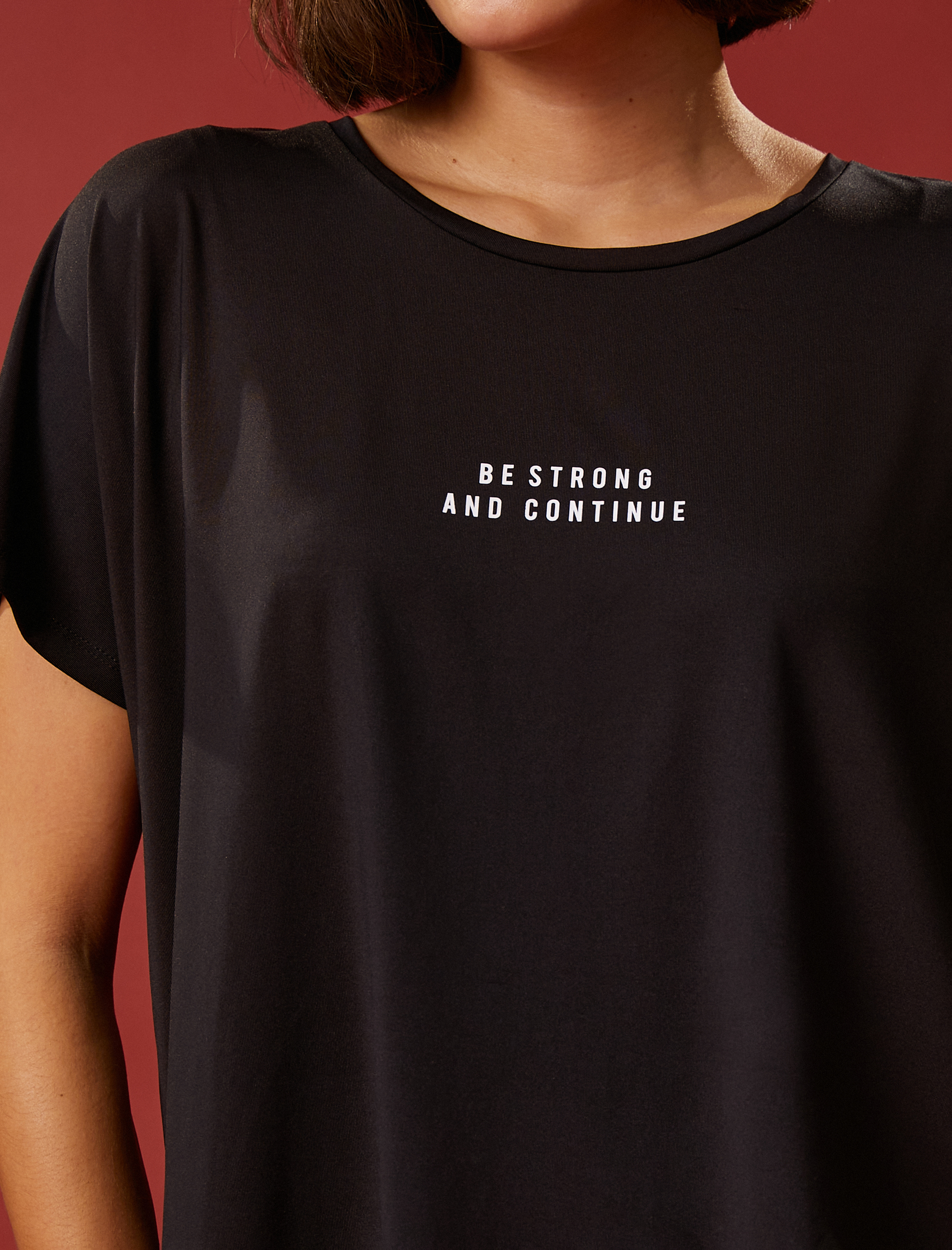   Oversize Spor Tişört Slogan Baskılı Kayık Yaka