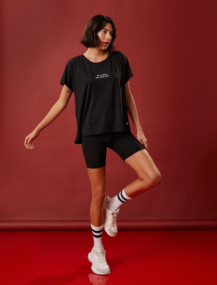  Oversize Spor Tişört Slogan Baskılı Kayık Yaka