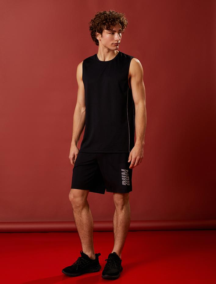  Spor Şort Beli Bağcıklı Slogan Baskılı Cep Detaylı