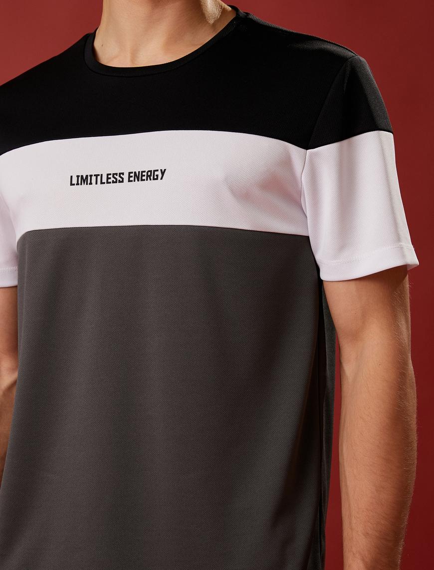   Spor Tişört Slogan Baskılı Renk Bloklu Bisiklet Yaka Nefes Alan Kumaş
