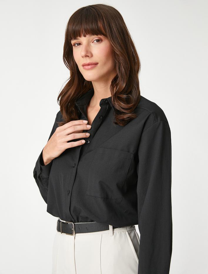  Pamuklu Gömlek Cep Detaylı Uzun Kollu