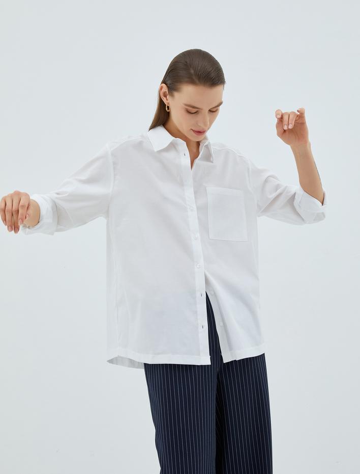  Pamuklu Gömlek Cep Detaylı Uzun Kollu