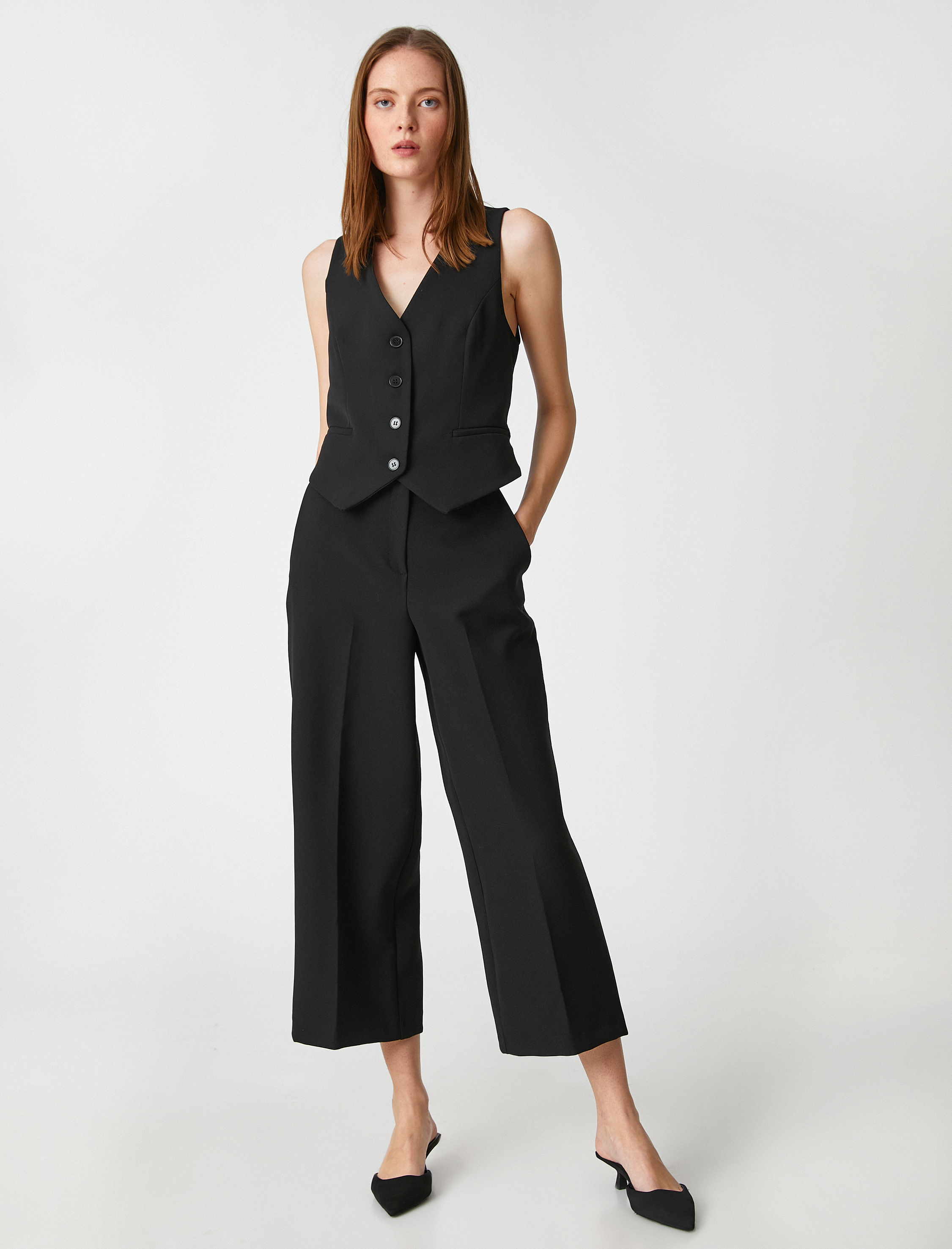   Crop Kumaş Pantolon Bol Paça Cepli