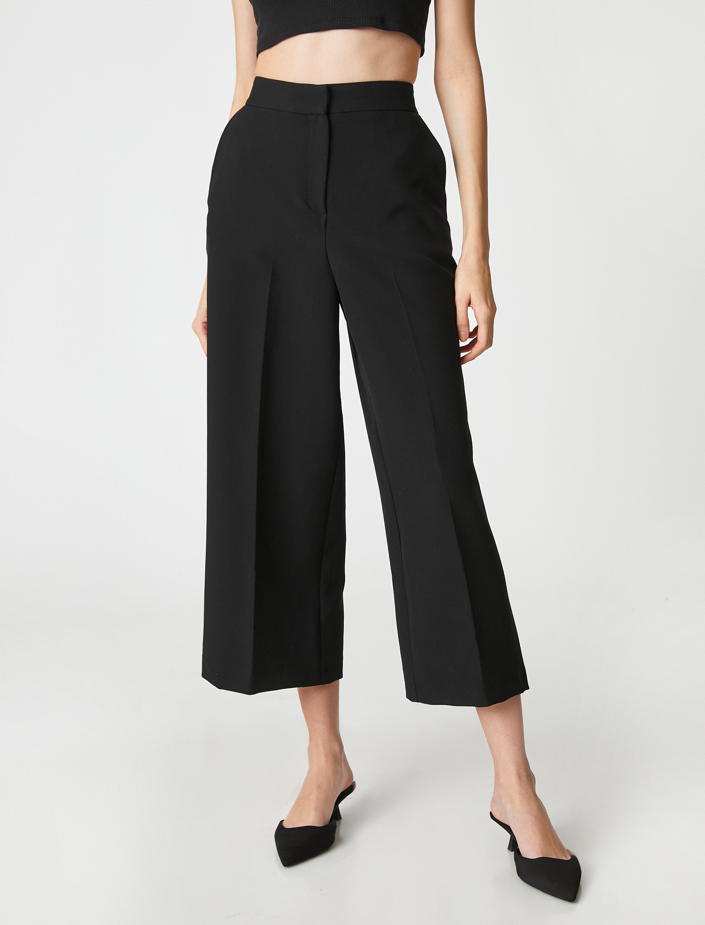   Crop Kumaş Pantolon Bol Paça Cepli