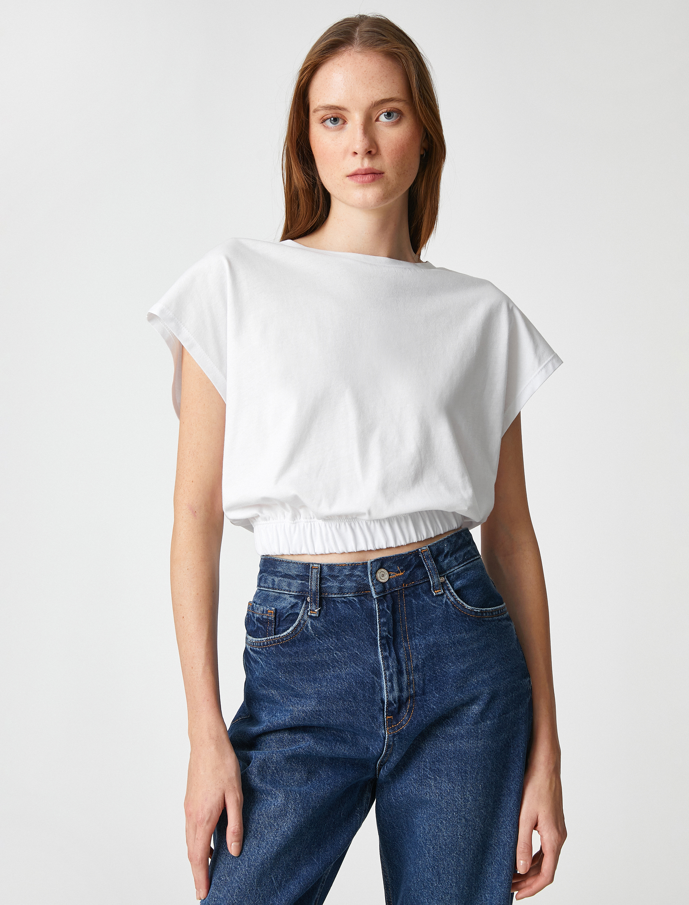   Crop Tişört Beli Lastikli Kayık Yaka Pamuklu